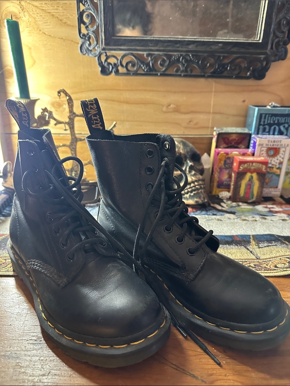 Dr. Martens Black Vegan Leather 8-Eye Lace-Up Boots with Yellow Stitching